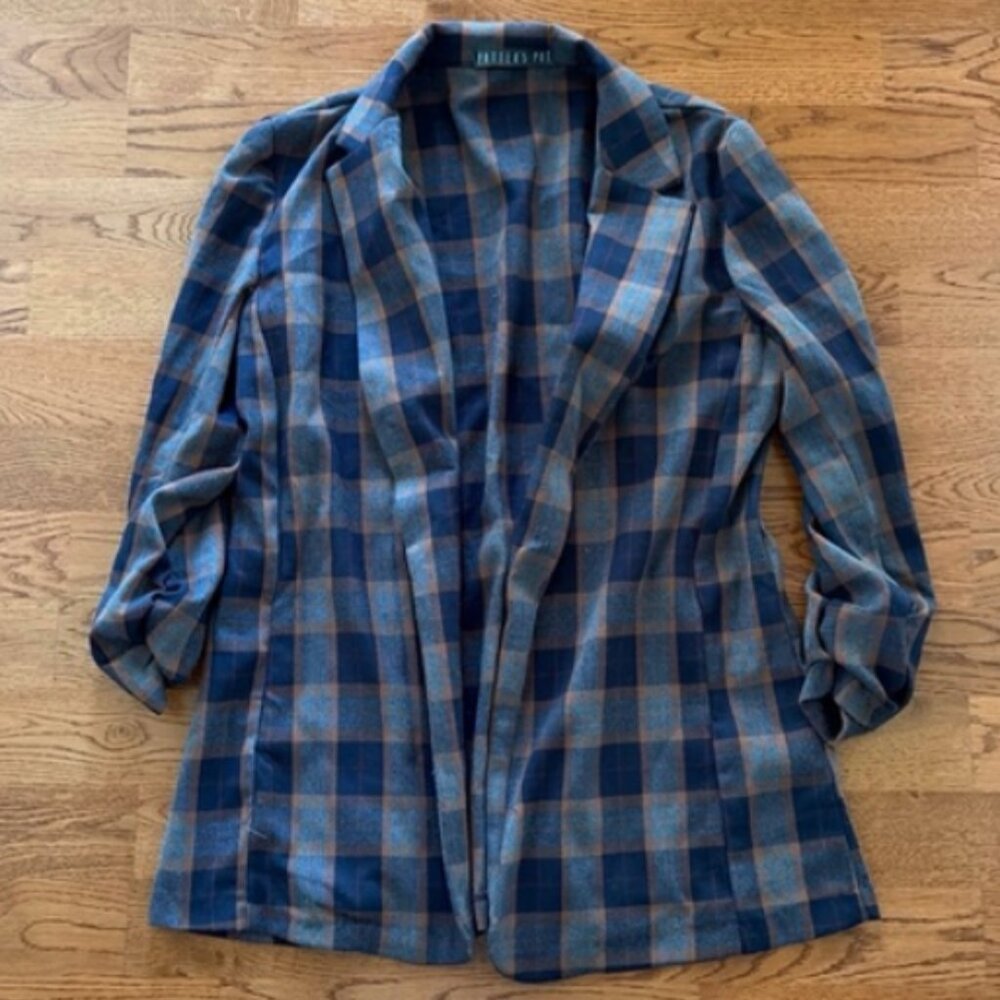 Potter's Pot Navy Blue Orange Open Blazer jacket Women S Flannel Plaid Gray Coat